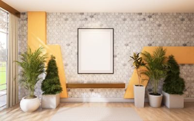 3D illustration, Mockup photo frame on the wall of lobby room, Interior with luxury decorate and beautiful houseplant rendering