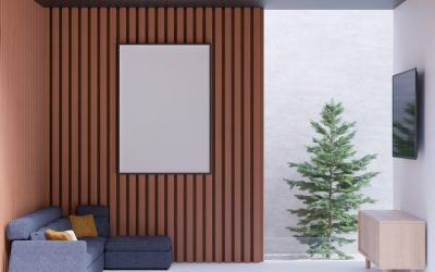 3D illustration mockup photo frame on the wall in living room, scandinavian style interior with cozy furniture and houseplant in natural decoration concept, rendering