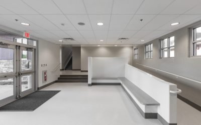 Benches, ramp and stairs in lobby of animal shelter