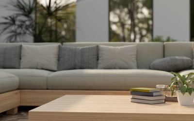 close-up image, Copy space for product display on minimal wood coffee table with decor over comfortable couch in modern home outdoor lounge. 3d render, 3d illustration