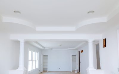 Empty white room with wooden beam and wall large windows