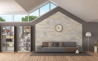 Large modern living room with stone wall and pitched roof with sofa and bookcase - 3d rendering