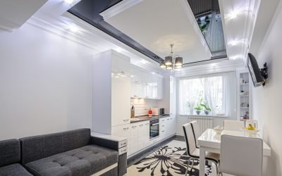 Luxury modern black and white kitchen with carpet on floor